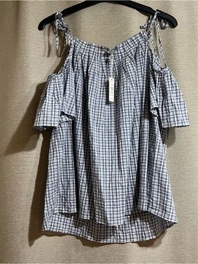 Max Studio Blue Plaid Cold Shoulder Tie Strap Top - NWT - Size M